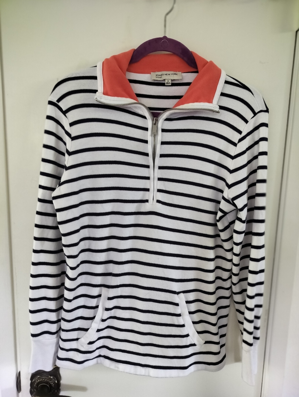 Jones New York Sport 1/4 zip Top Navy Blue White Stripes Coral Collar Pockets M